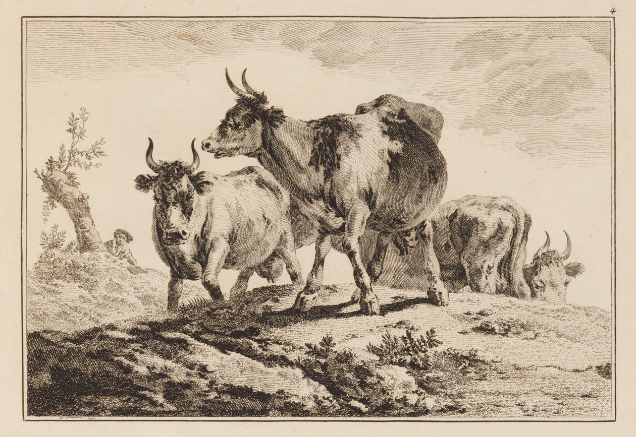 Tafel 4, aus "Cahier de Six Feuilles de Boeufs et Vaches" von Jean Baptiste Pillement