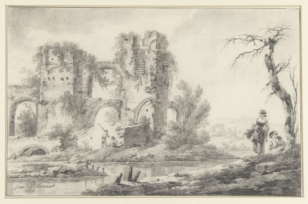 Ruine an einem Fluss mit einem Jungen und einem Mädchen rechts von Jean Baptiste Pillement