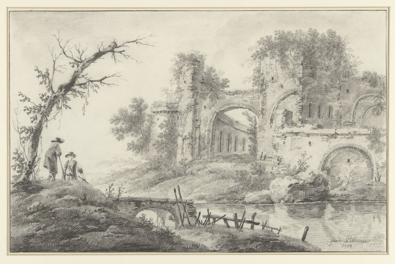 Ruine an einem Fluss mit zwei Bauern von Jean Baptiste Pillement