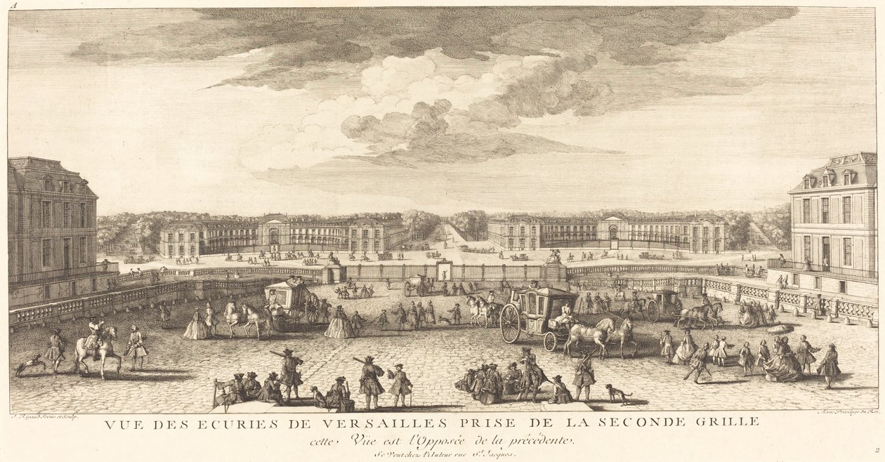 Ansicht der Stallungen von Versailles von der zweiten Gittertür aus von Jean Baptiste Rigaud