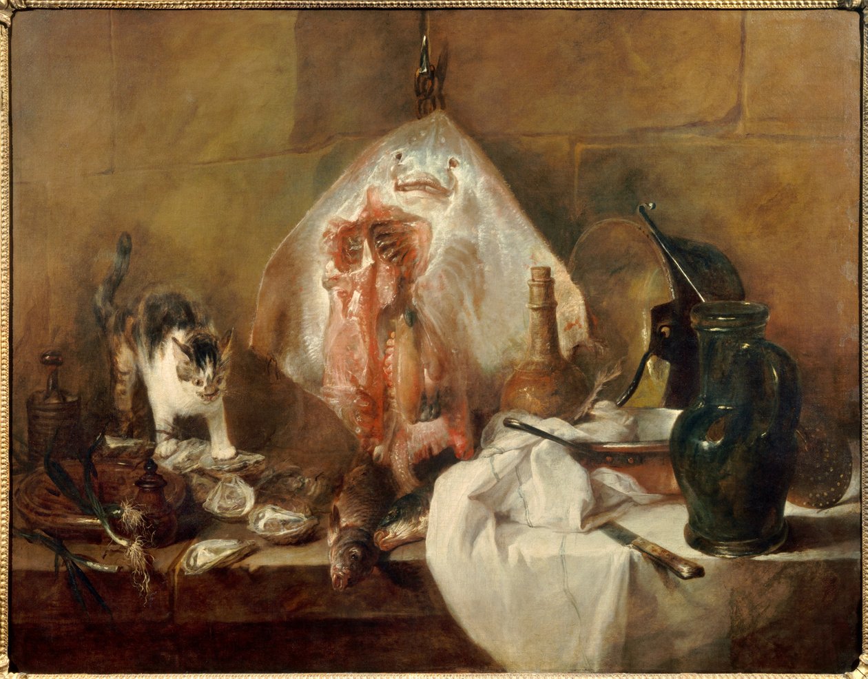 Das Stillleben mit Fisch, Austern, Krug. Gemälde von Jean Baptiste Simeon Chardin 1727 Paris, Louvre Museum von Jean Baptiste Simeon Chardin