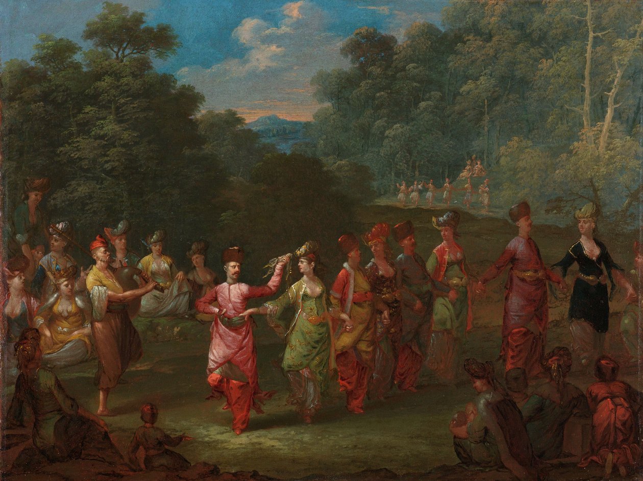 Griechische Männer und Frauen tanzen den Khorra, ca. 1720-37 von Jean Baptiste Vanmour
