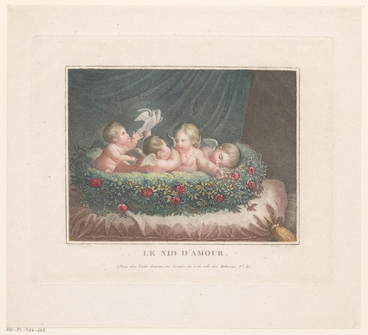 Vier Putti mit zwei Tauben in einem Rosenkörbchen auf einem Kissen von Jean Baptiste Verite