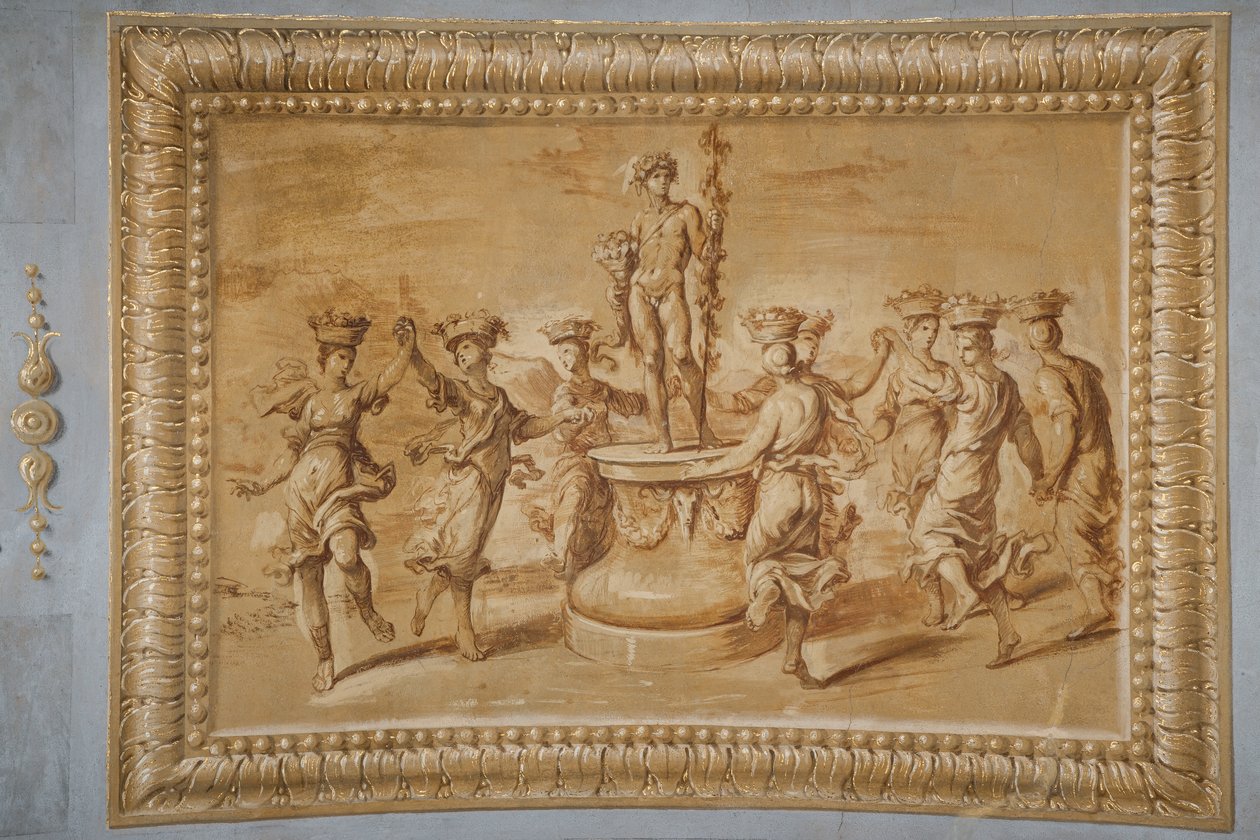 Falsches vergoldetes Relief, mit Bacchus auf einem runden Sockel, dekoriert mit Girlanden und Bucrania, umgeben von tanzenden Kanephoren von Jean Boulanger