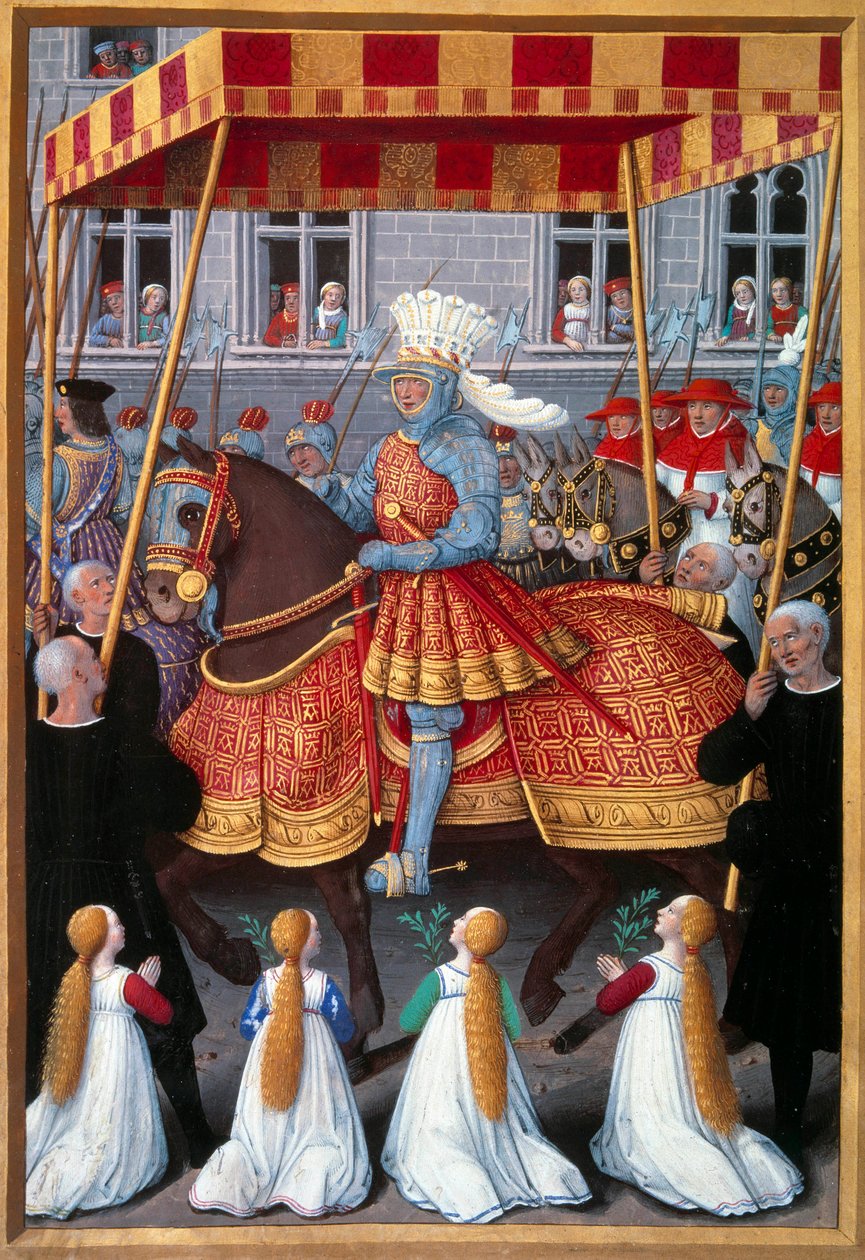 Der triumphale Einzug von König Ludwig XII. in Genua im April 1507. Miniatur aus Le voyage à Gênes von Jean Marot, illuminiert von Jean Bourdichon von Jean Bourdichon