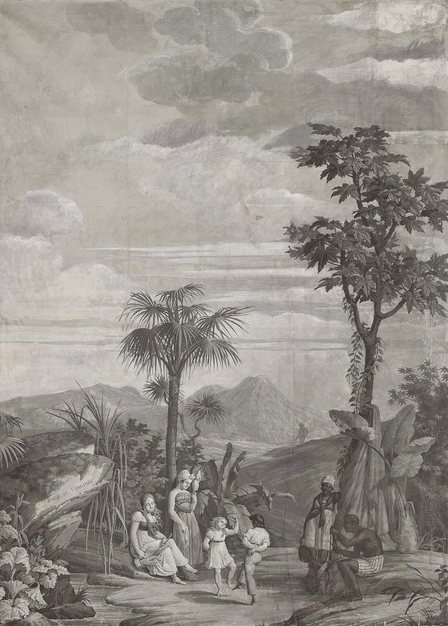 Die Kinder tanzen, Tapetenpaneel aus der Serie "Paul et Virginie", von Dufour & Cie, ca. 1823 von Jean Broc
