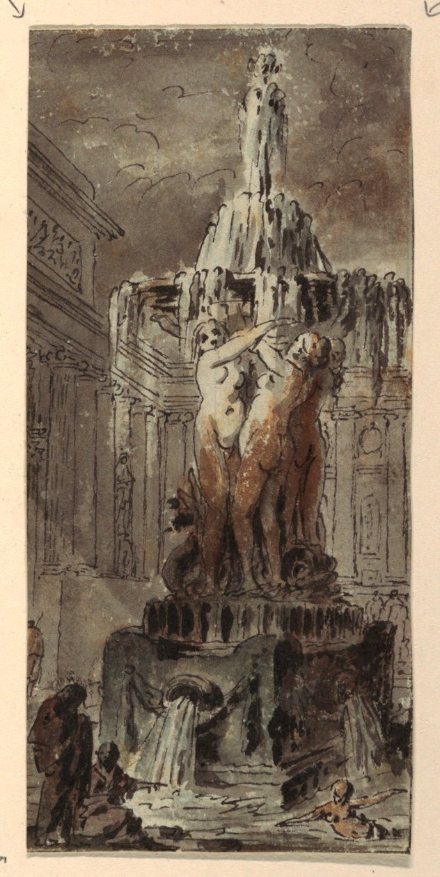 Architektonische Fantasie mit Brunnen von Jean Charles Delafosse