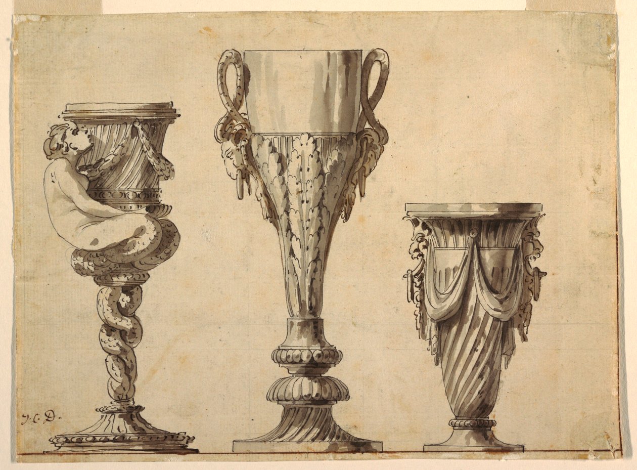 Entwurf für einen Kerzenhalter, Becher und Vase von Jean Charles Delafosse