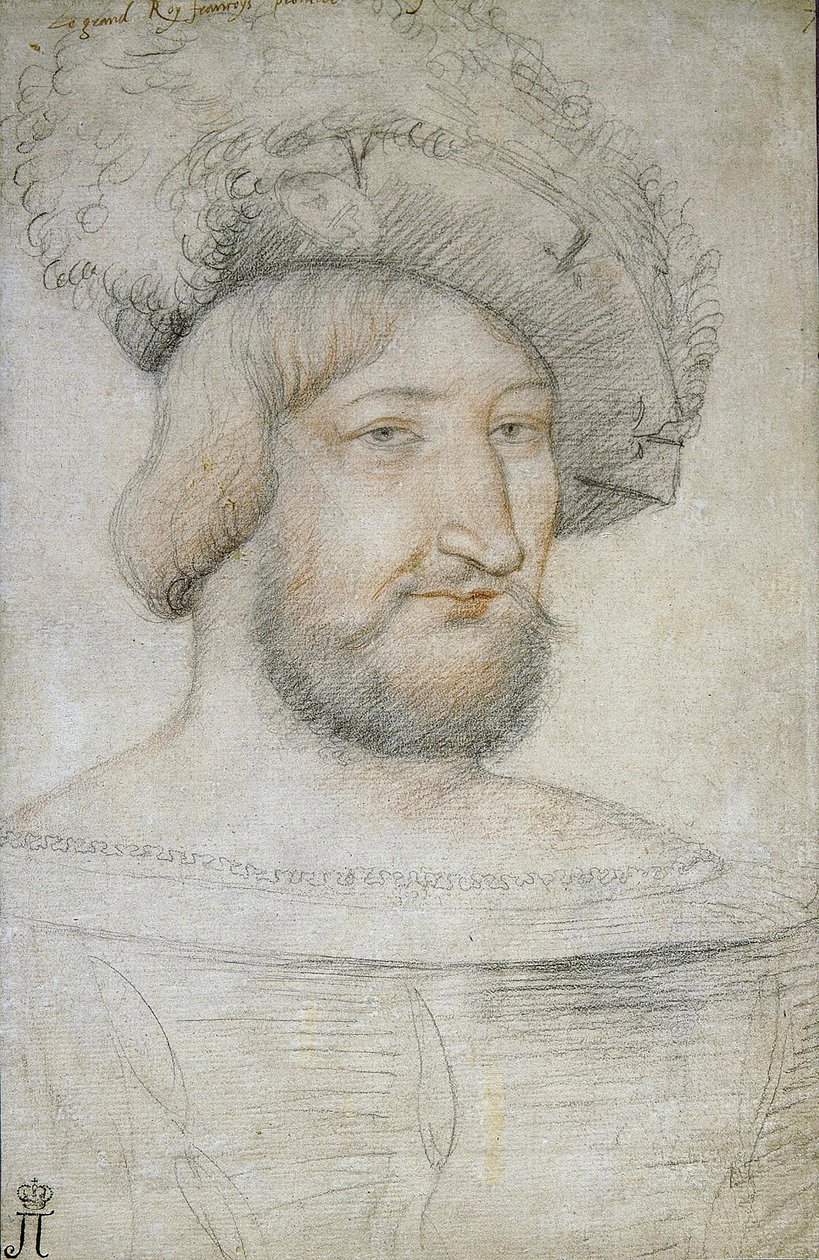 Porträt von Franz I. (1494-1547), König von Frankreich von Clouet, Jean (ca. 1485-1541). Schwarze Kreide und Rötel auf Papier, Größe: 29,3x19,1, erste Hälfte des 16. Jahrhunderts, Eremitage, St. Petersburg von Jean Clouet