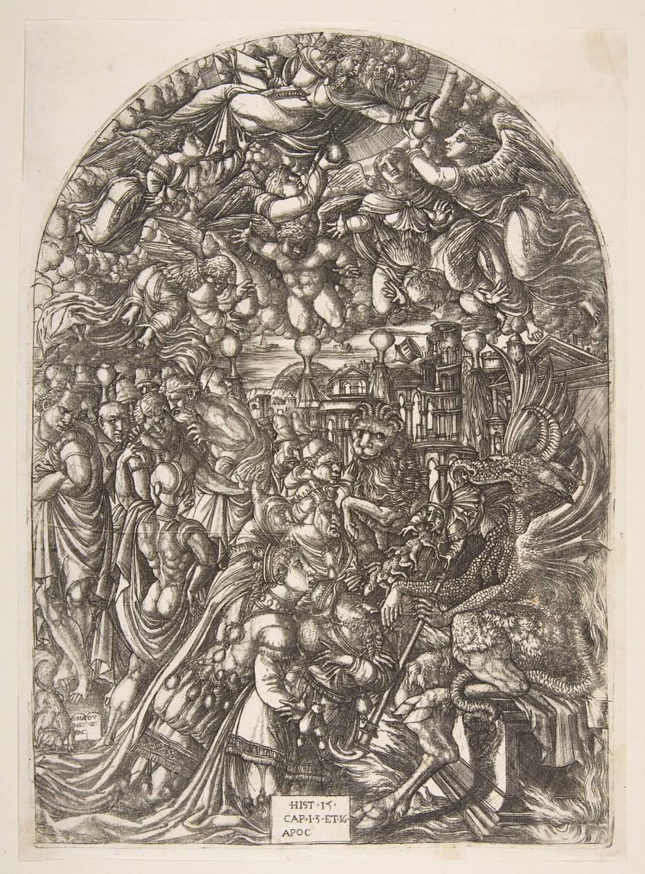 Der Drache mit zwei Hörnern und das Tier mit sieben Köpfen, aus der Apokalypse von Jean Duvet