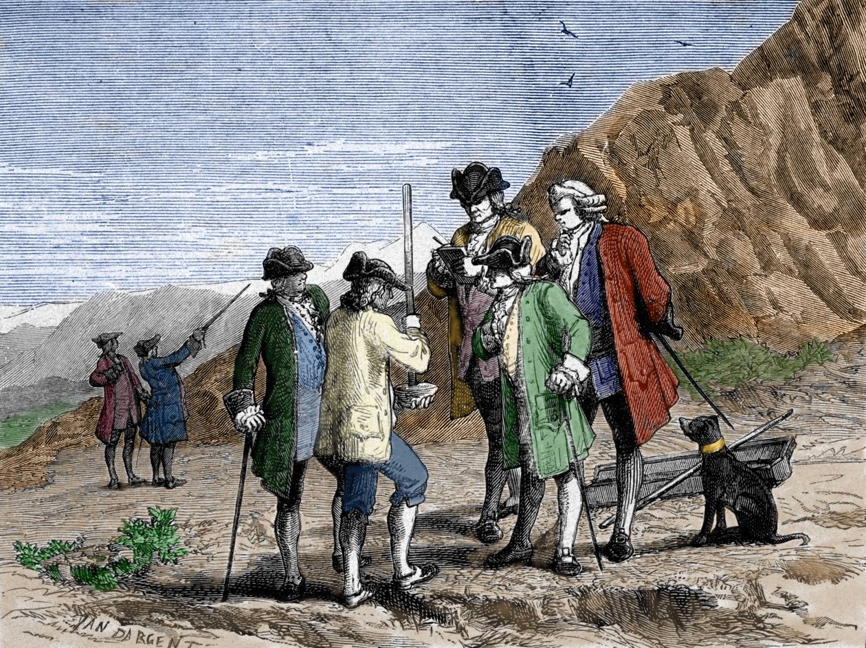 Florin Perier misst die Höhe des Barometers (Quecksilberrohr) von Evangelista Torricelli während des Experiments zur Schwerkraft der Luft von Blaise Pascal, auf dem Gipfel des Puy de Dôme (1648). Gravur von Yan Dargent von Jean Edouard Dargent