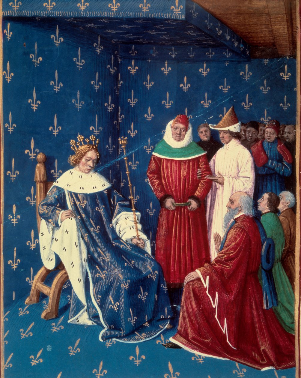 Karl V. (1338-1380) empfängt die Botschafter von Karl IV. (1316-1378), Kaiser des Heiligen Römischen Reiches im Jahr 1377. Miniatur aus einem Manuskript von Jean Fouquet (1420-1481) von Jean Fouquet
