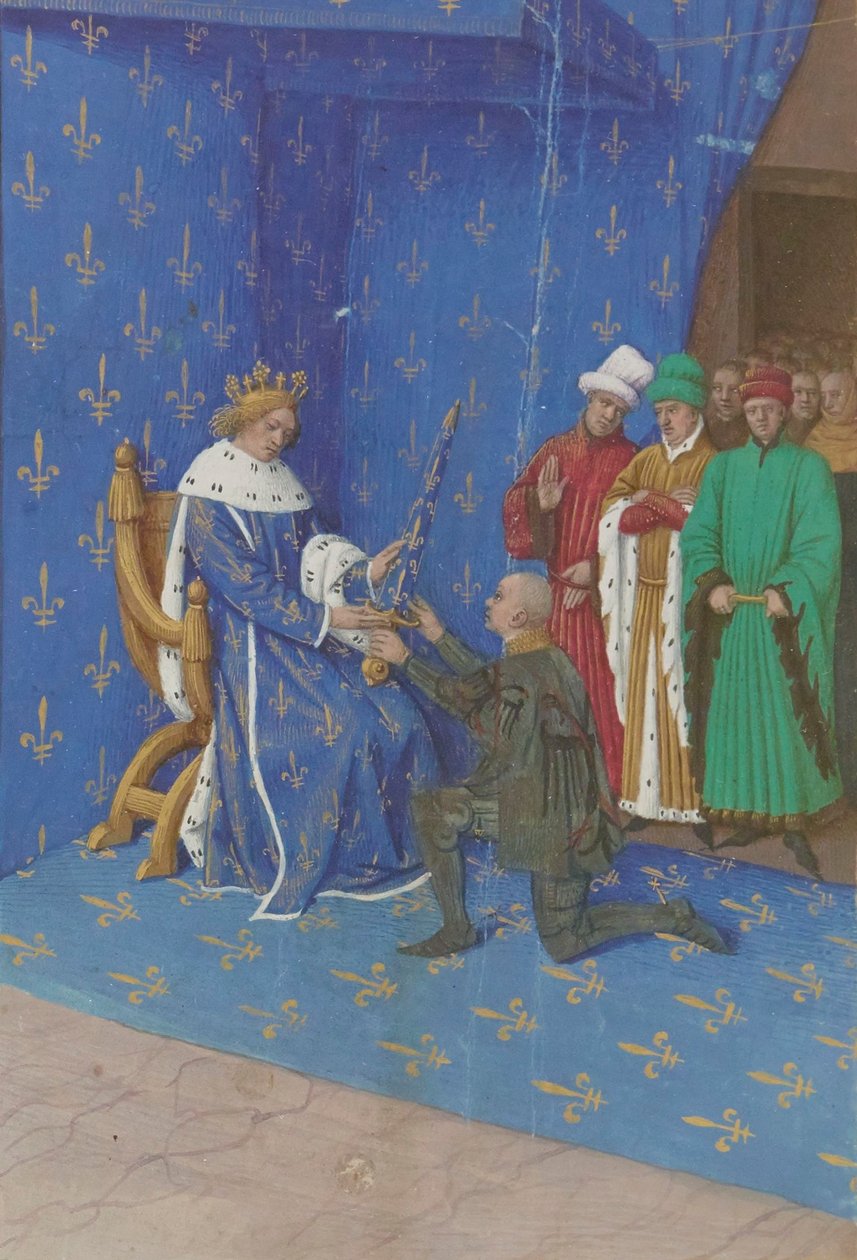 Jean Fouquet - Übergabe des Schwertes des Konnetabels an Bertrand Duguesclin - Buchmalerei (15. Jahrhundert) von Jean Fouquet