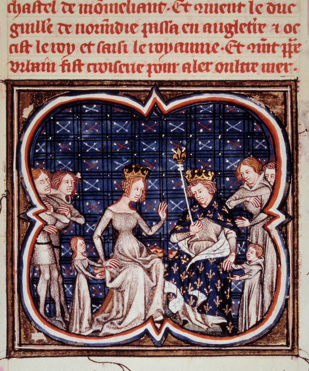 König von Frankreich Philipp I. (1052-1108) mit seiner Frau Berthe von Holland und ihren Kindern Constance von Frankreich (1078-1125) und Ludwig VI. (1081-1137). Miniatur aus „Les grandes chroniques de France“ (ms. fr. 2813 fol. 182) 1375-1380 Paris, B.N. von Jean Fouquet