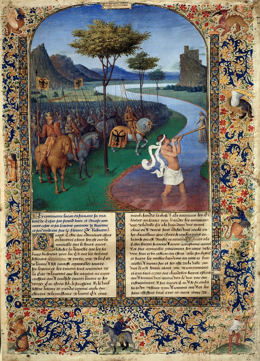 Der Übergang des Rubikon durch Julius Caesar. Der römische General Julius Caesar überquerte am 11.01.49 v. Chr. den Rubikon, der die Grenze zwischen Cisalpinien und Italien bildet. Miniatur aus „Alte Geschichte bis Caesar und Taten der Römer“ von Jean Fouq von Jean Fouquet