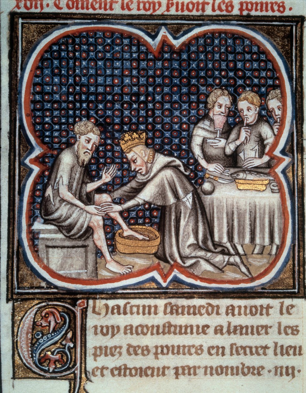 Der Fuß von König Ludwig IX. (Saint Louis): Er gibt den Armen Essen und wäscht ihnen die Füße. Miniatur aus dem Manuskript Les Grandes Chronicles de France von Jean Fouquet. 15. Jahrhundert. Paris, B.N. von Jean Fouquet