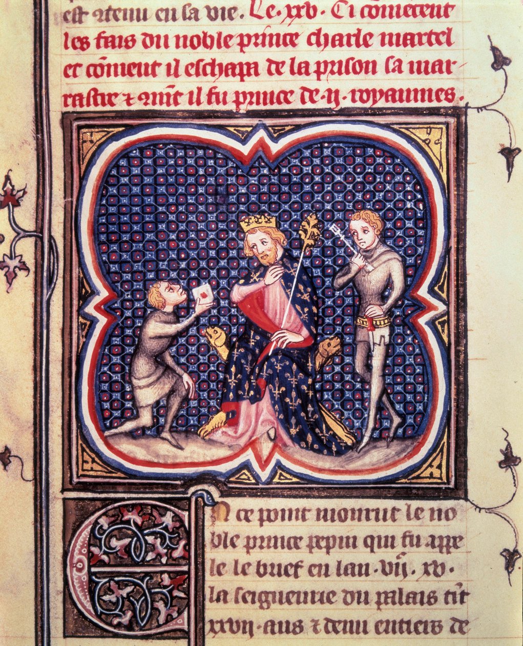 Der Bürgermeister des Palastes Karl Martell (688-741) und sein Kämmerer empfangen einen Boten des Herzogs von Eudes von Aquitanien (681-736). Miniatur aus Jean Fouquets „Les grandes Chroniques de France“ (1420-1481) 15. Jahrhundert Paris, BN von Jean Fouquet