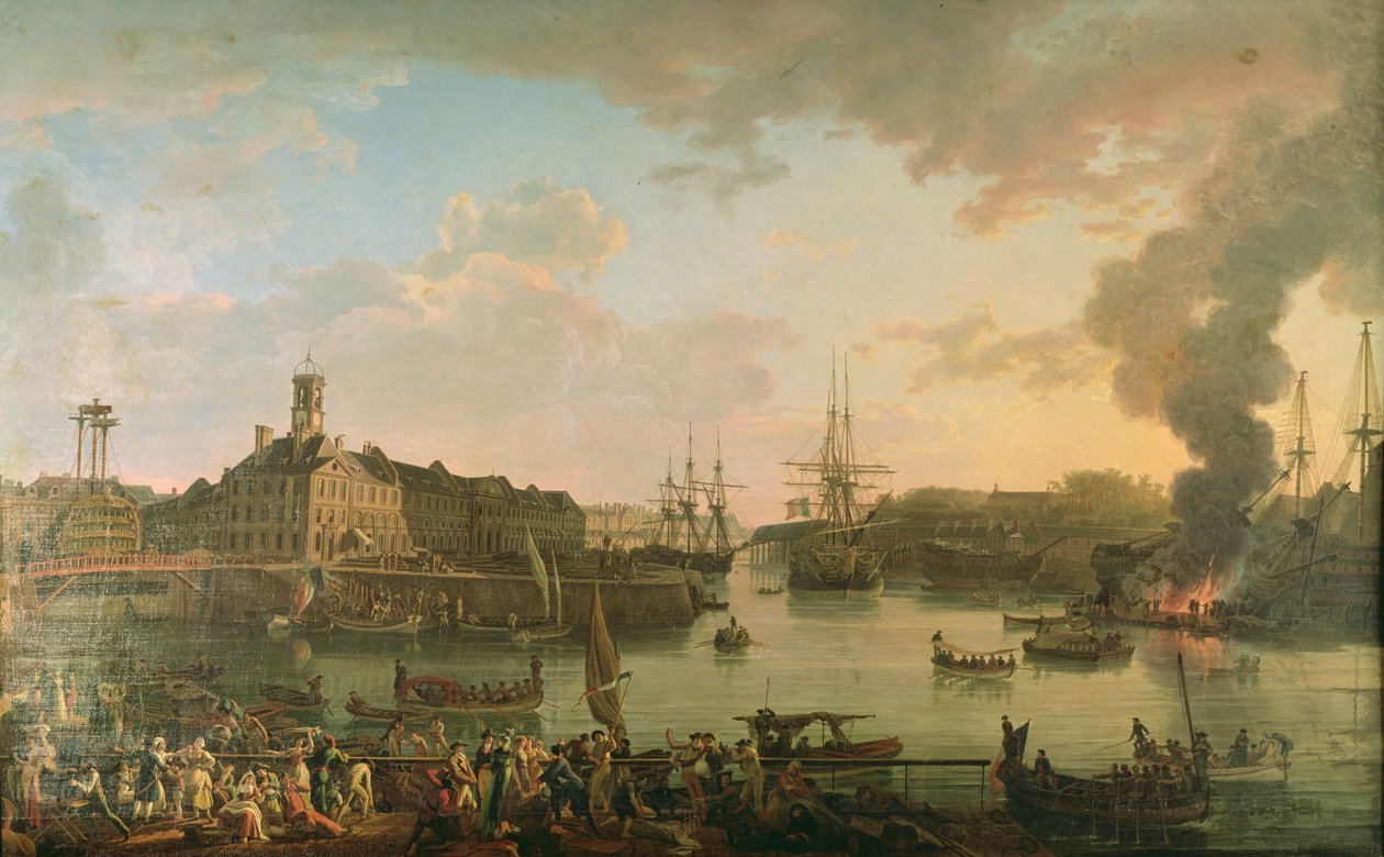 Ansicht des Hafens von Brest von den überdachten Docks aus, 1795 von Jean Francois Hue