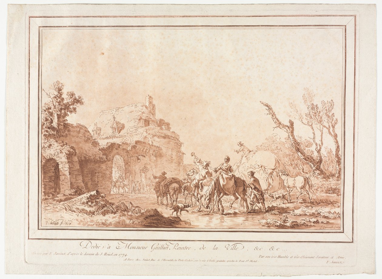 Vor der Rampe eines Dorfes, 1774 von Jean-Francois Janinet