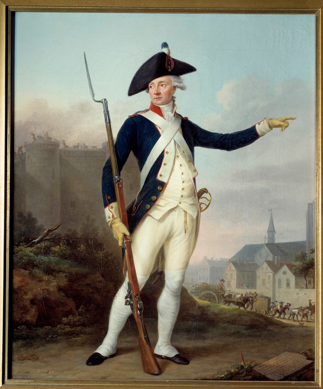 Französische Revolution: „Porträt en pied des Bürgers Nau Deville in Uniform der Nationalgarde (im Hintergrund der Abriss der Bastille) von Jean Francois Marie Bellier