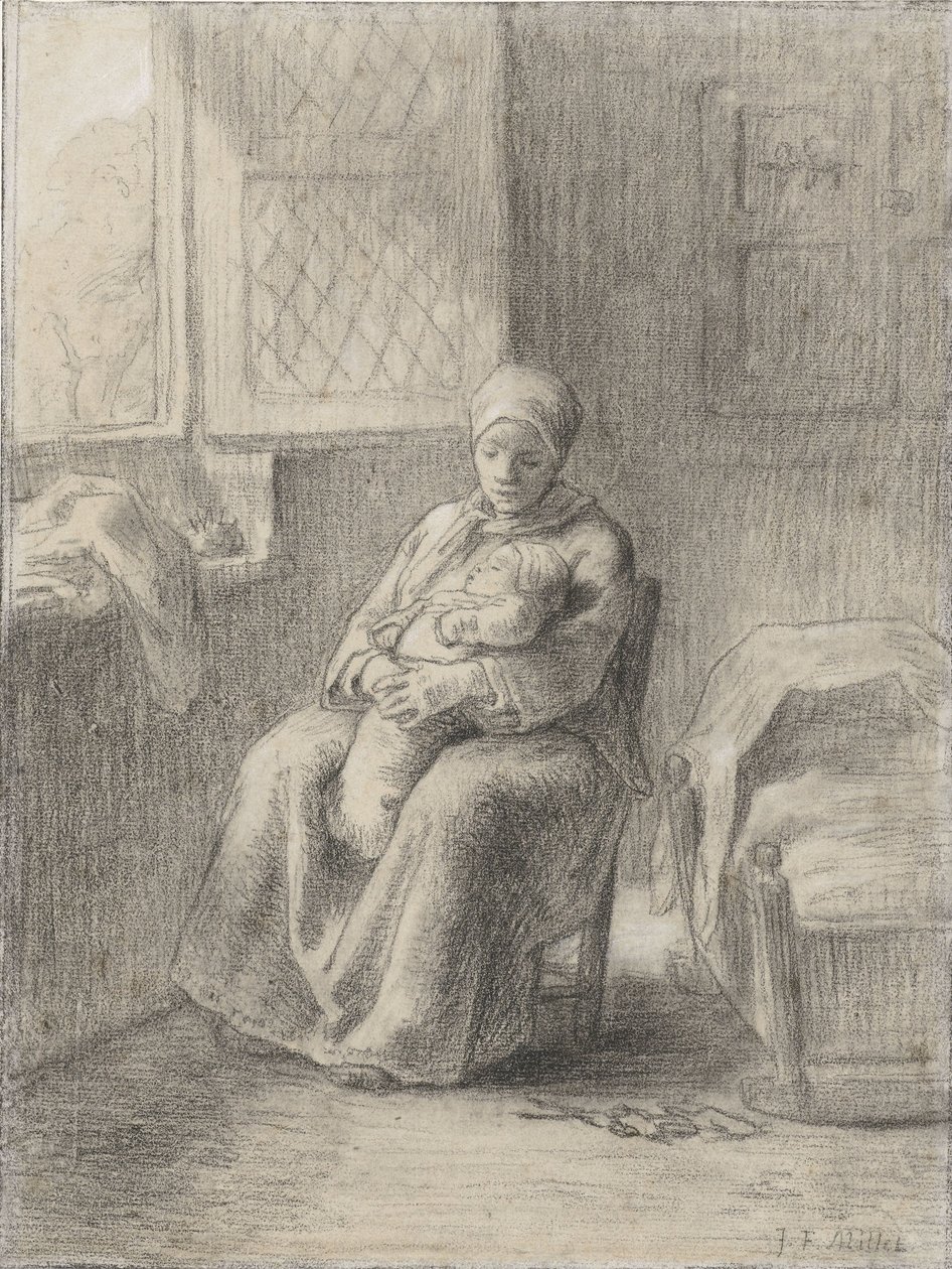 Sitzende Frau mit Baby am Fenster, ca. 1824-75 von Jean Francois Millet