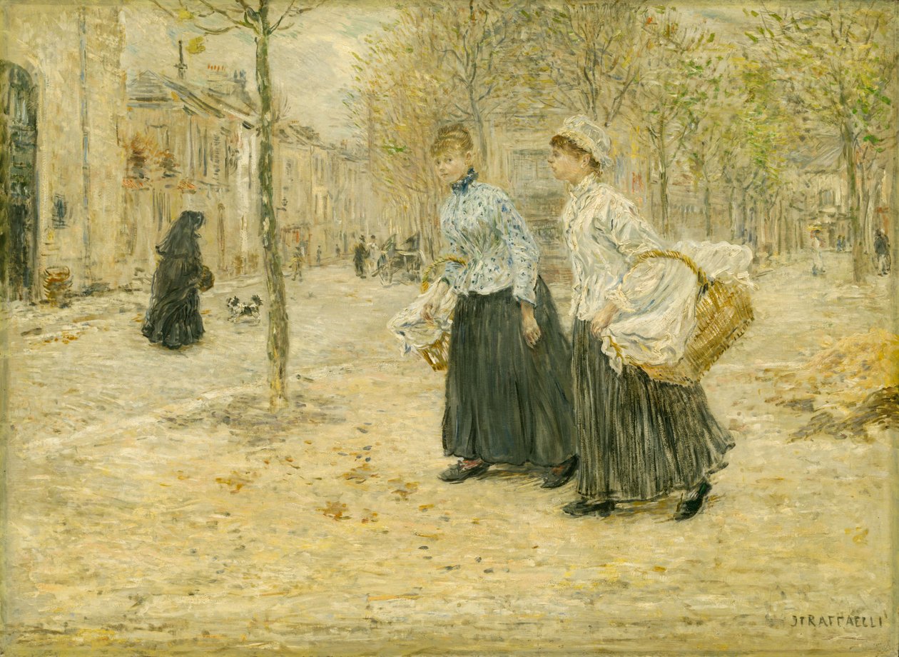 Zwei Wäscherinnen überqueren einen kleinen Park in Paris von Jean Francois Raffaelli