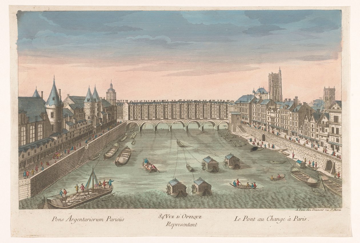 Ansicht der bebauten Pont au Change über den Fluss Seine in Paris von Jean François Daumont
