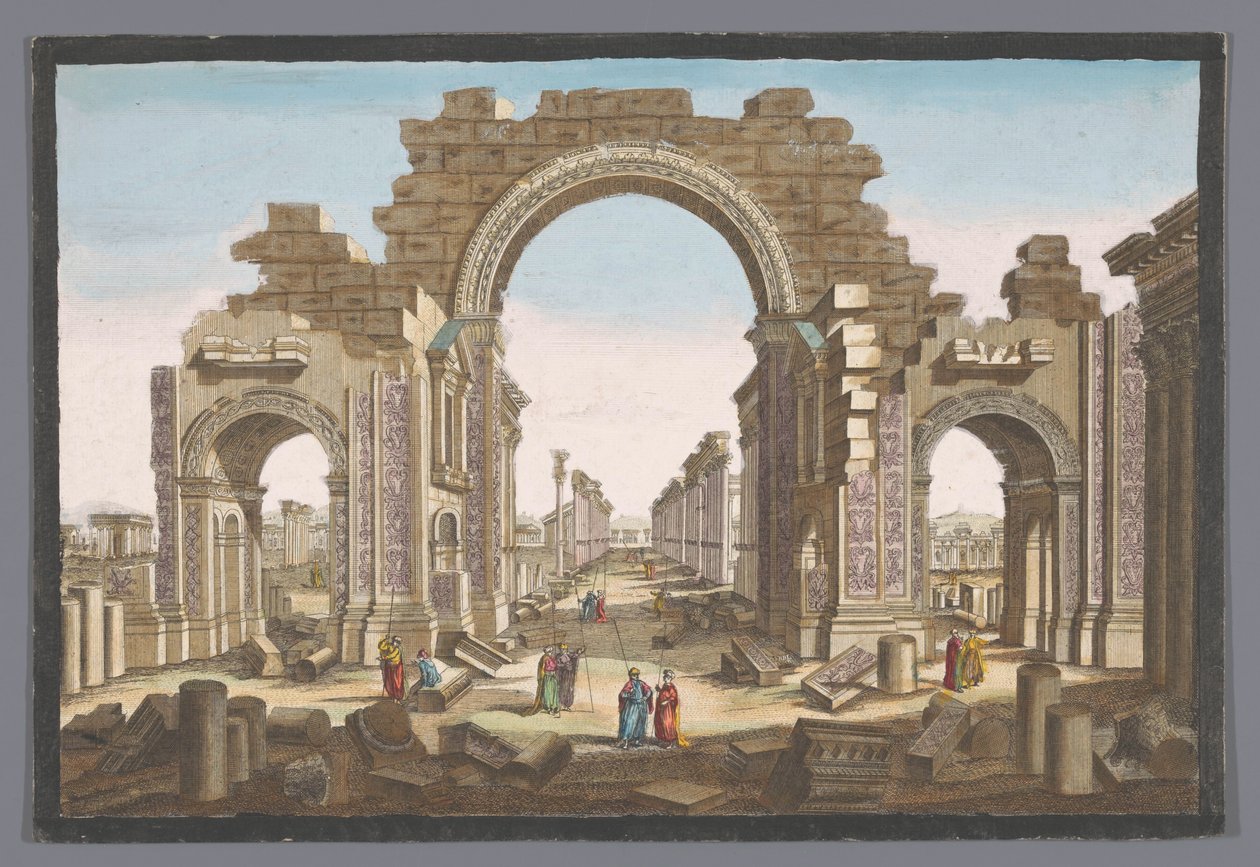 Ansicht der Ruine des Bogens der Säulengalerie in Palmyra, von der Ostseite gesehen von Jean François Daumont