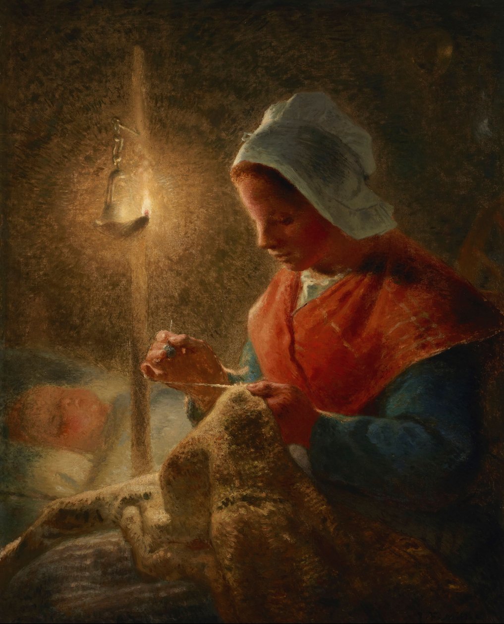 Frau näht bei Lampenlicht von Jean Francois Millet