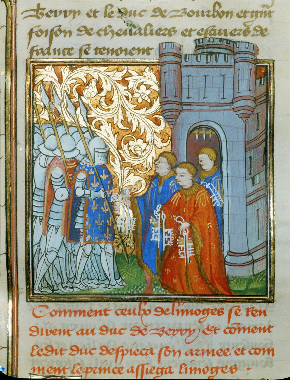 Drei Magistrate von Limoges in zeremoniellen Roben überreichen dem Herzog von Berry die Schlüssel der Stadt von Jean Froissart