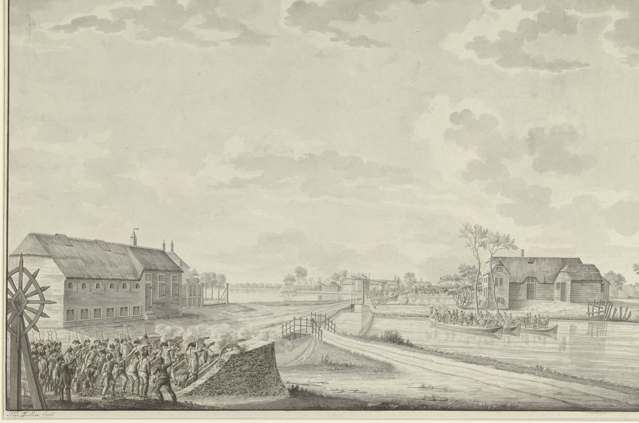Angriff der Preußen unter Oberst Van Borstel auf die Duivendrechtse Brücke, 1. Oktober 1787 von Jean George Teissier (signed by artist)