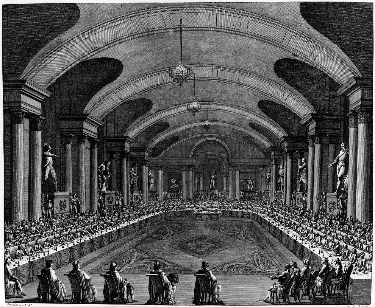 Französische Revolution: „Eröffnungssitzung des Instituts im Jahr 1795“. Am 25. Oktober von Jean Girardet