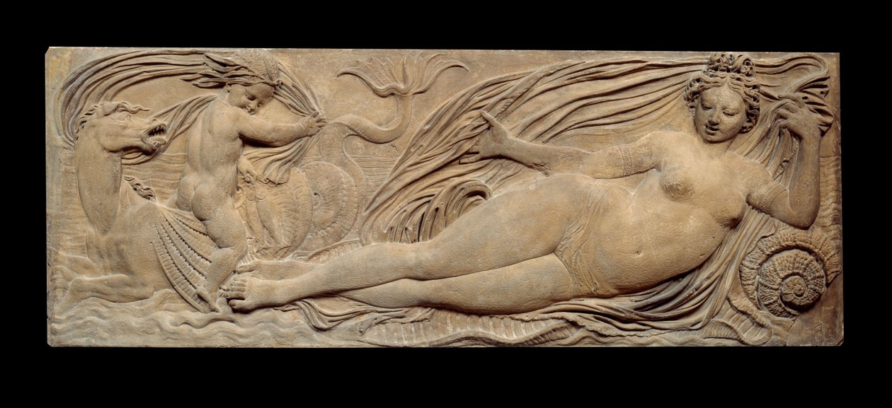 Nymphe und kleiner Genius reiten auf einem Meerespferd; Nymphe und Triton umgeben von zwei kleinen Genien. Flachrelief. Steinskulptur von Jean Goujon (1510-1567) von Jean Goujon