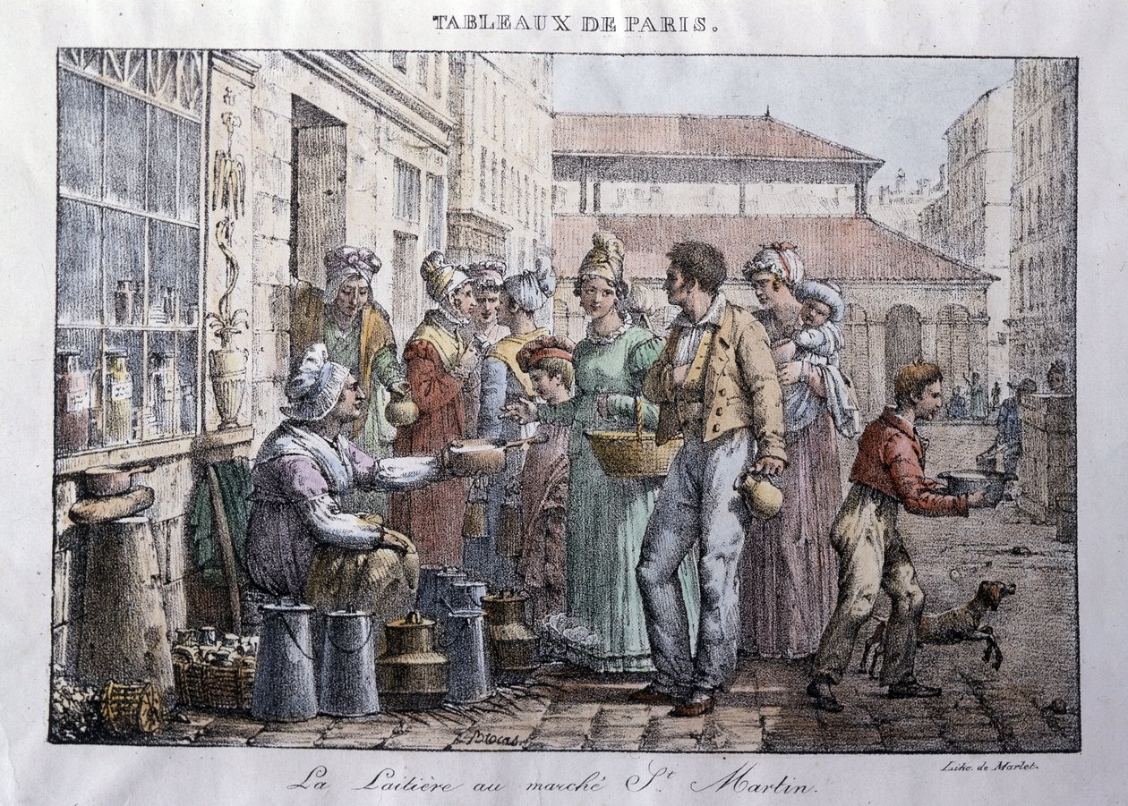 Altes Straßenhandwerk in Paris: Die Milchfrau vom Markt Saint Martin - Gravur von Jean Henry Marlet (1771-1847) in „Die Bilder von Paris“, Serie von 72 Drucken, Ende des 19. Jahrhunderts von Jean Henri Marlet