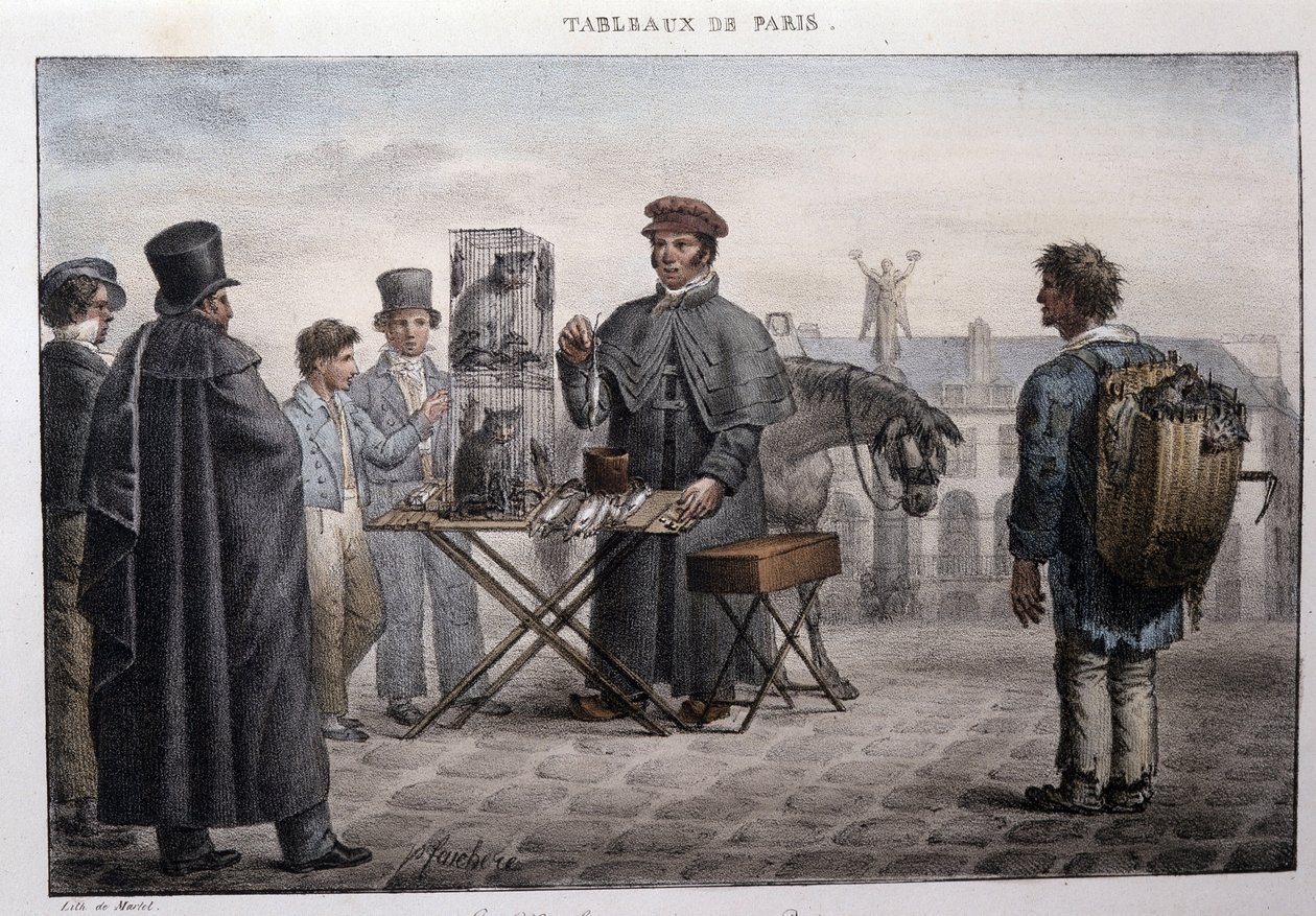 Ehemaliger Straßenberuf in Paris: der Rattentod-Händler (Camelot). Gravur von Jean Henry Marlet in „Les Tableaux de Paris“, Serie von 72 Drucken, Ende des 19. Jahrhunderts. von Jean Henri Marlet