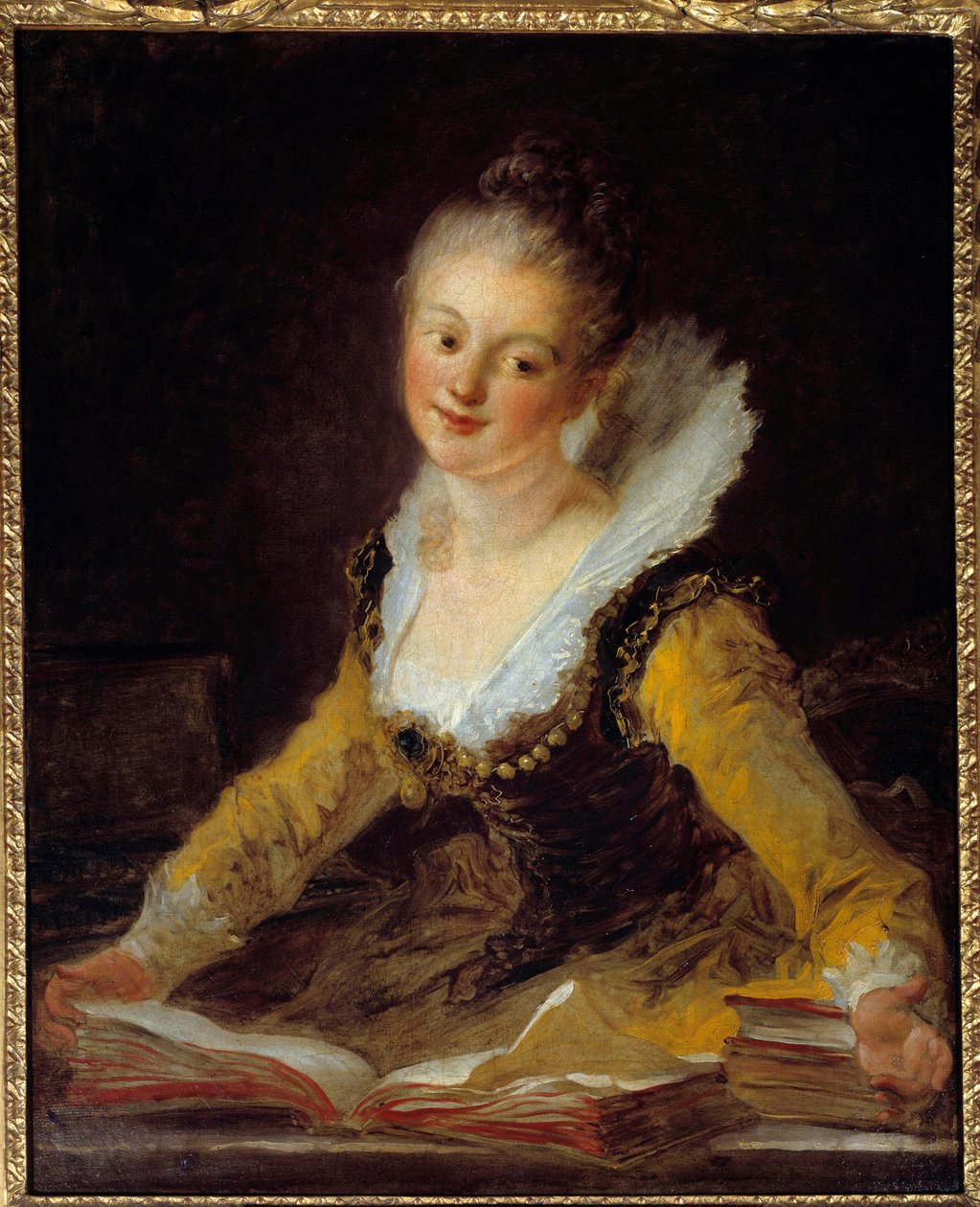 Studie. Eine Frau in ihrem Büro blättert durch Bücher, um zu lernen. Gemälde von Jean-Honoré Fragonard (1732-1806) von Jean Honore Fragonard