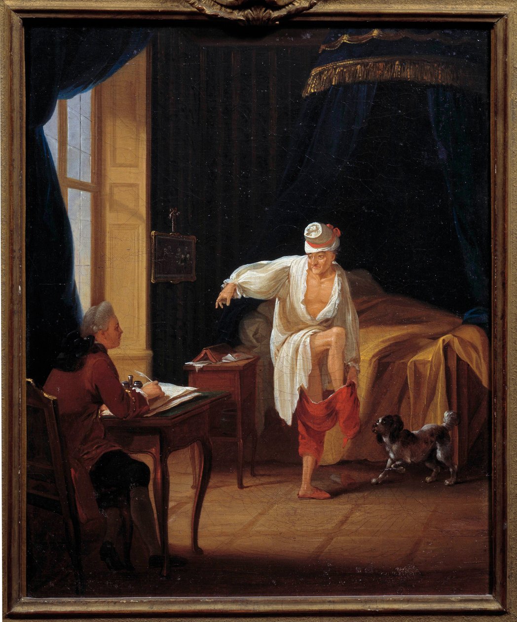 Der Schriftsteller und Philosoph Voltaire (1694-1778) diktiert seinem Sekretär Collini in Ferney von Jean Huber