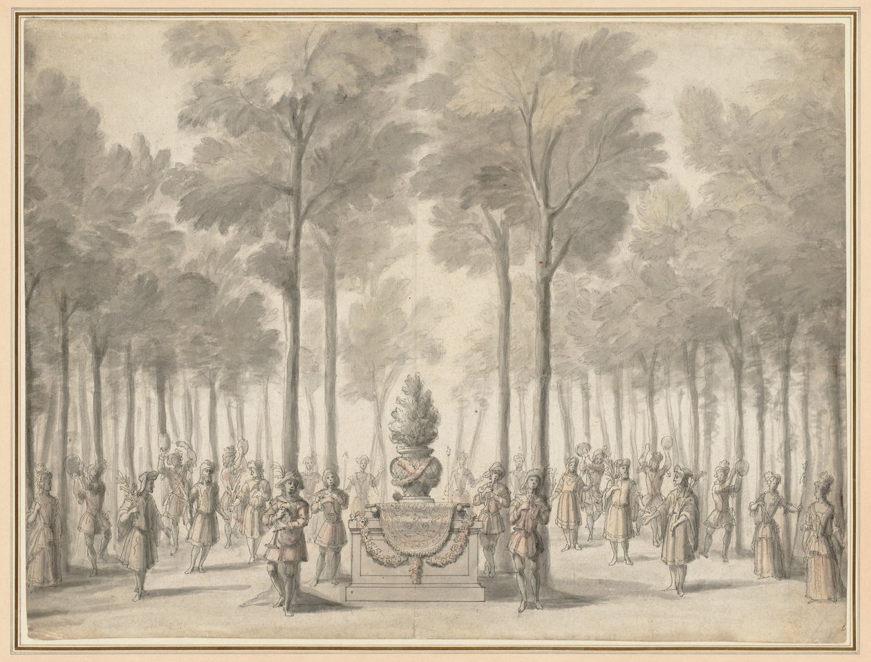 Entwurf für das Divertissement aus "La Pastorale" (Erster Auftritt des Opernballetts "Les Muses" von Danchet und Campra) von Jean I Berain