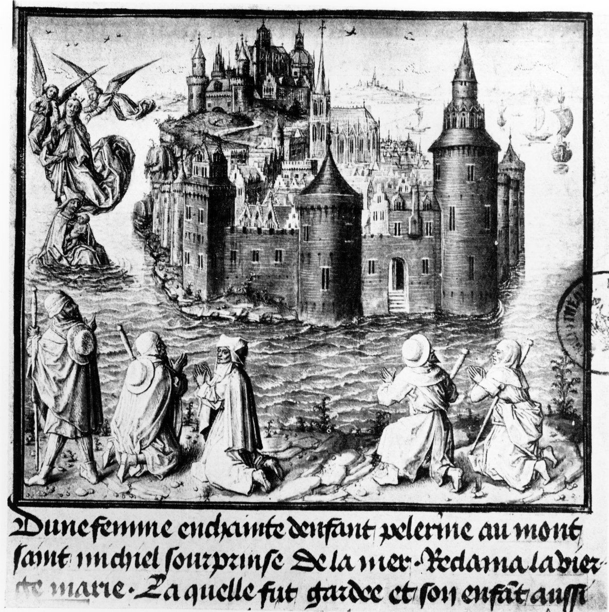 Schwangere Frau auf einer Pilgerreise nach Mont Saint-Michel wird von der Flut überrascht, aber durch das Eingreifen der Jungfrau Maria gerettet von Jean I Le Tavernier