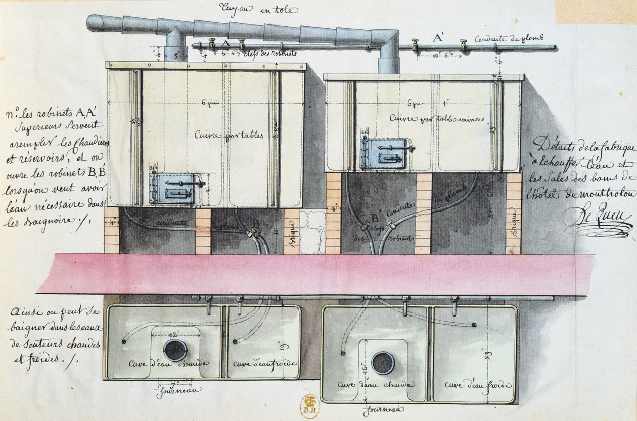 Entwurf für ein System zur Wassererwärmung im Hotel de Montholon in Paris, ca. 1787 von Jean Jacques Lequeu