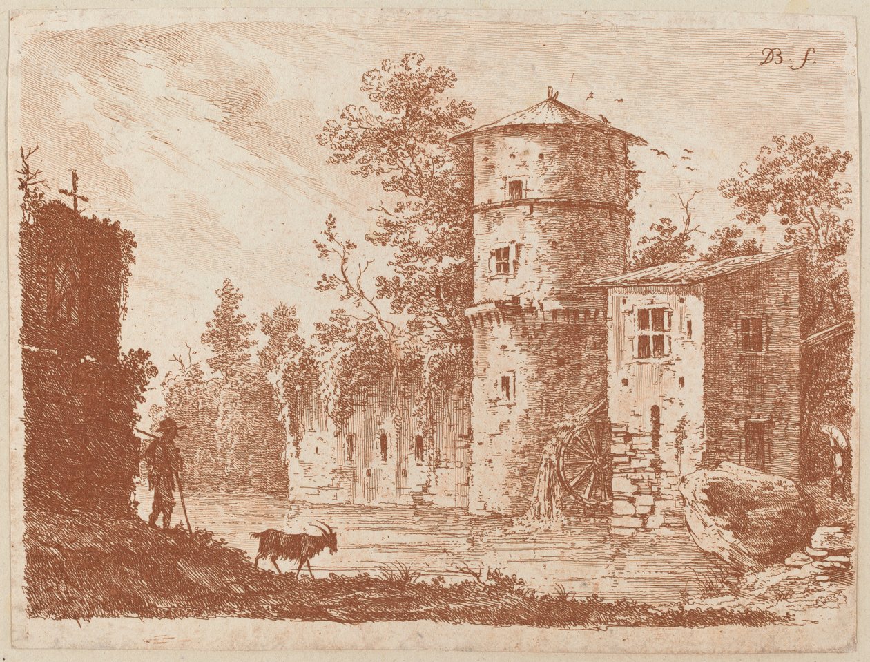 Alter Turm an einer Wassermühle von Jean Jacques de Boissieu