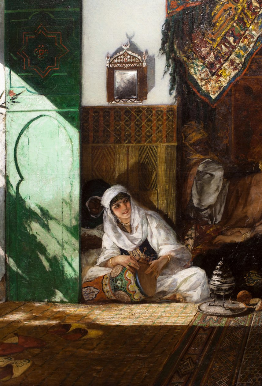 Innenansicht eines Harems in Marokko, Detail: Frau spielt die Derbouka von Jean Joseph Benjamin Constant