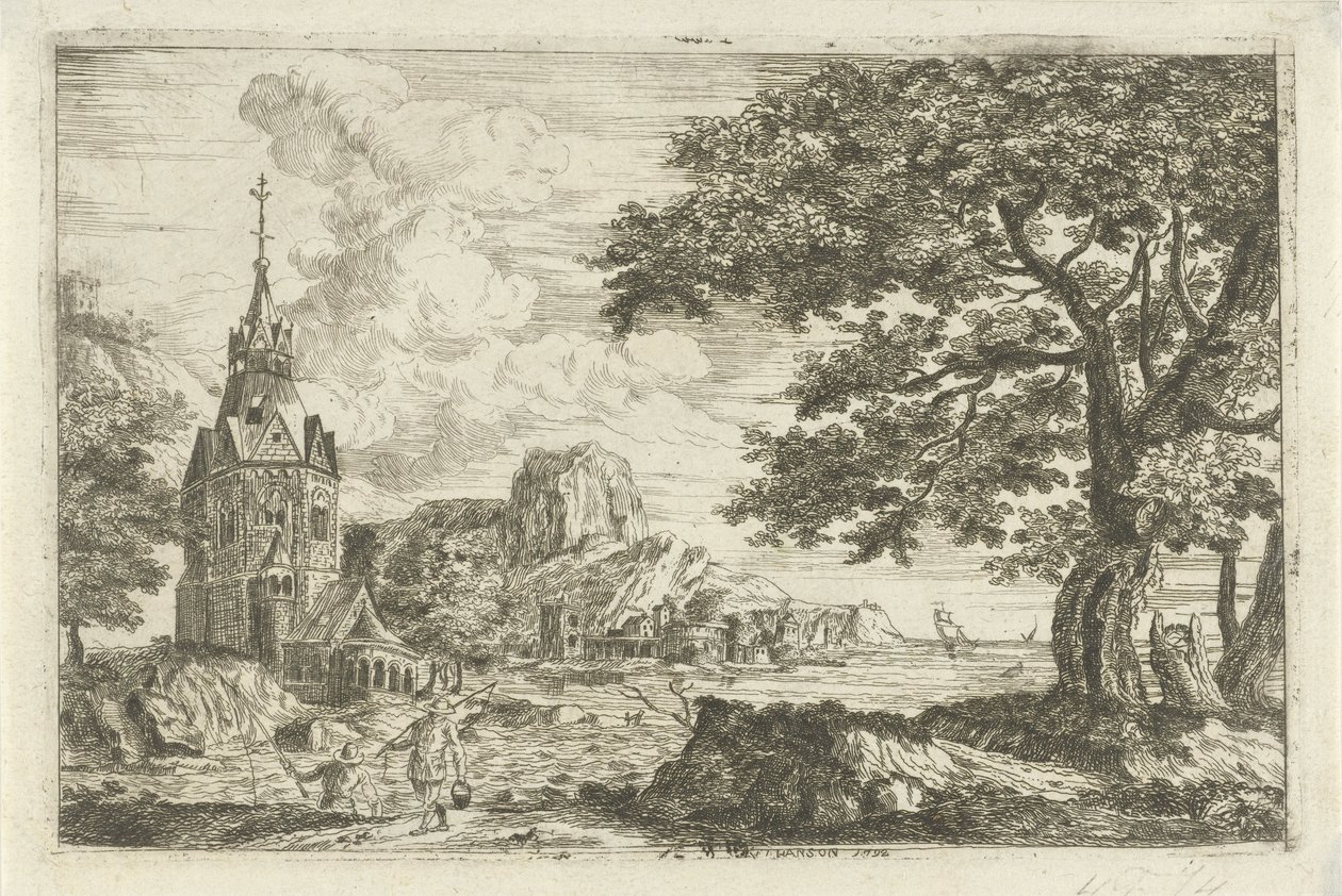 Fischer bei einer Kirche an einer Küste von Jean Joseph Hanson