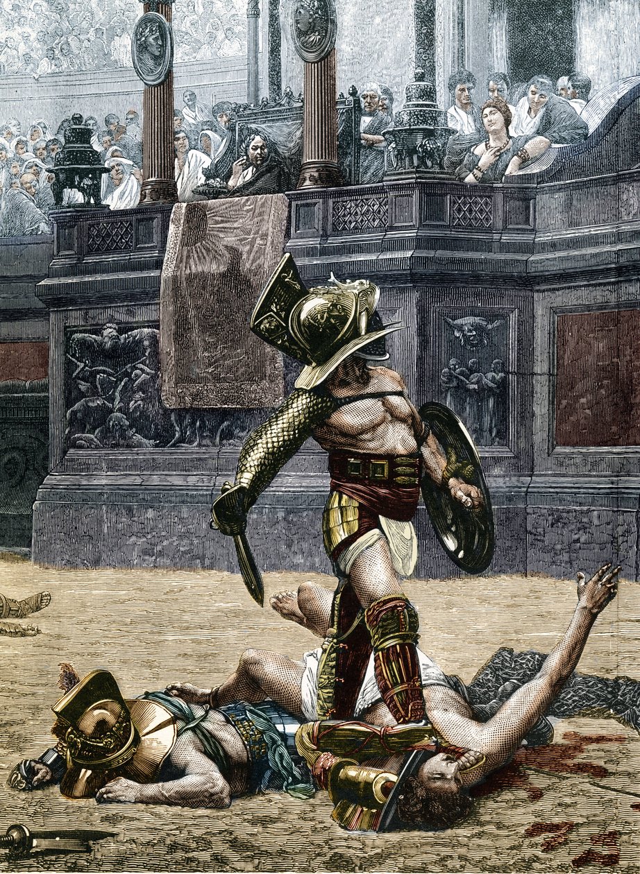 Gladiatoren in der römischen Arena. Zuschauer warnen den Sieger, seinen besiegten Gegner nicht zu verschonen und ihn zu töten. Gravur nach einem Detail des Gemäldes von Jean Leon Gerome von Jean Leon (after) Gerome