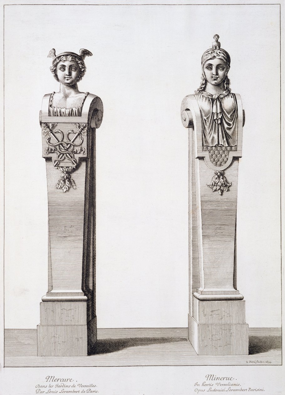 Büsten von Merkur und Minerva von Louis Lerambert in Versailles, 1674 von Jean Lepautre