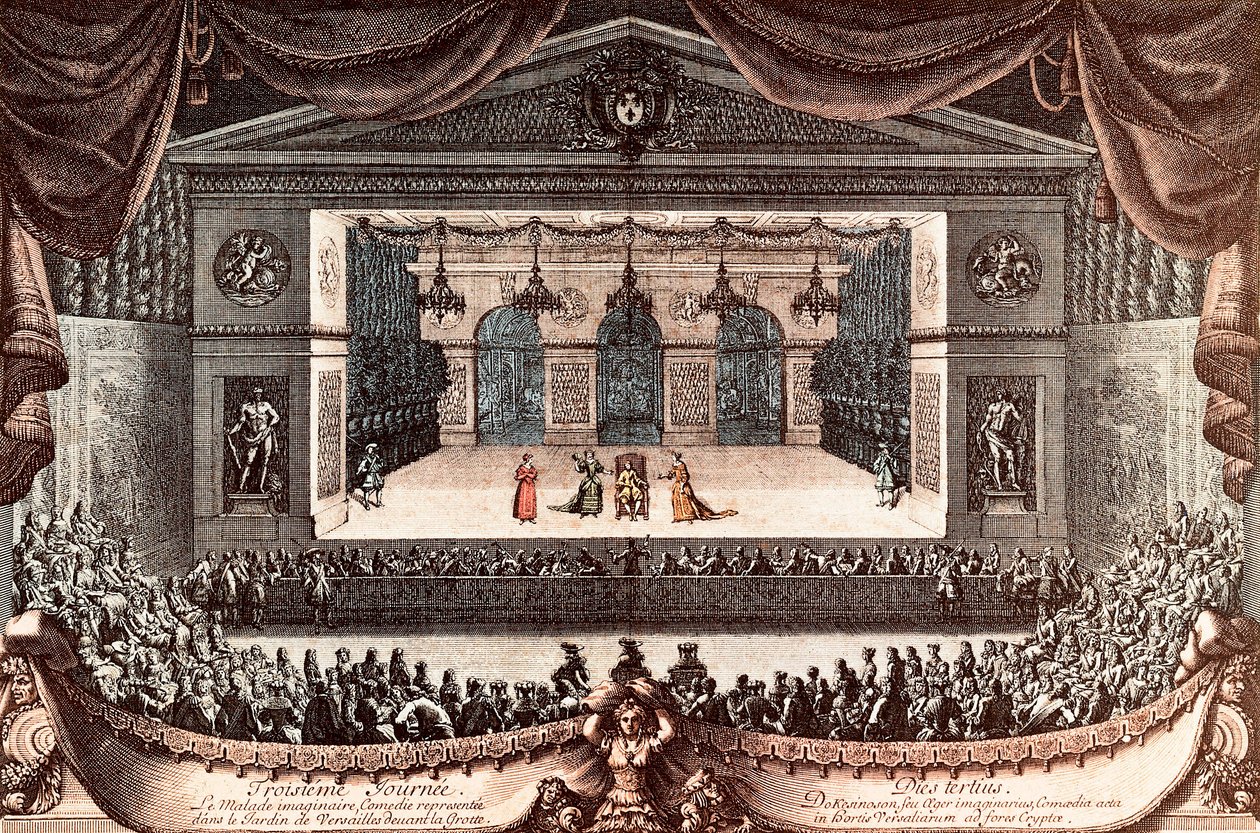 "Der eingebildete Kranke" von Jean Baptiste Poquelin genannt Molière in Versailles (farbige Gravur) von Jean Lepautre