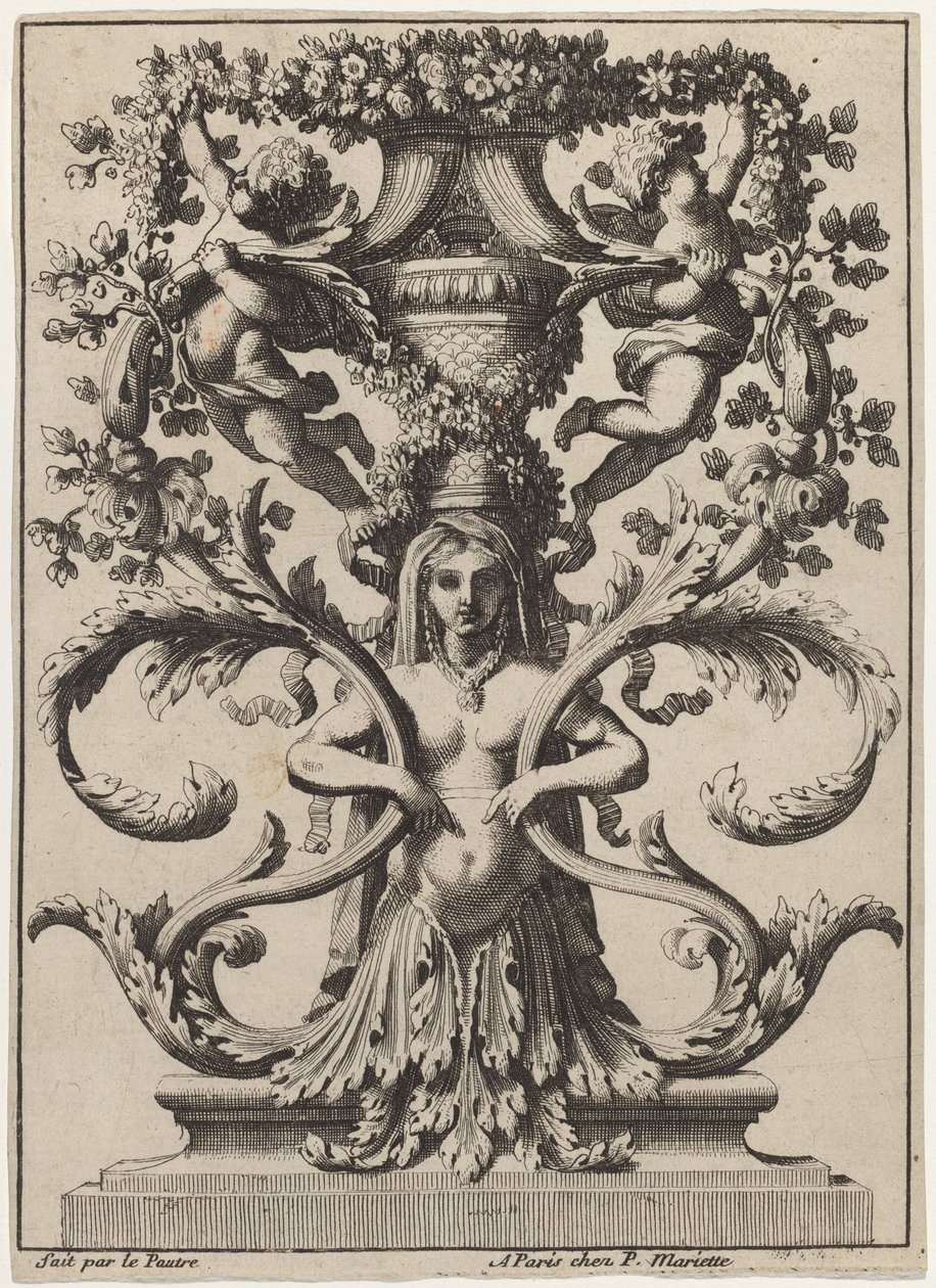Ornament mit einer Frau, die sich in Laub verwandelt von Jean Lepautre