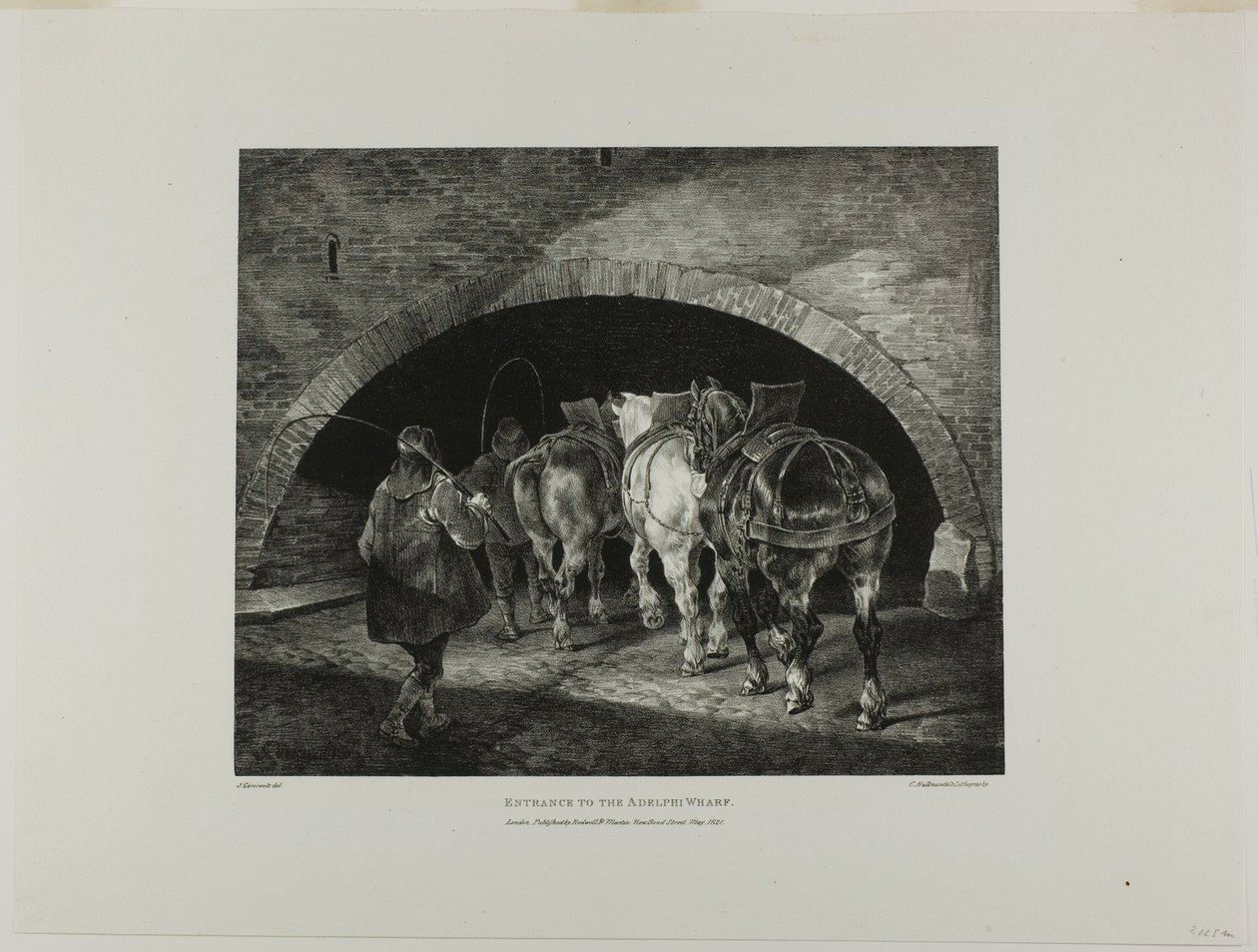 Eingang zum Adelphi Wharf, Platte 11 aus Verschiedene Motive aus dem Leben gezeichnet und auf Stein (Die englische Suite) von Jean Louis André Théodore Géricault