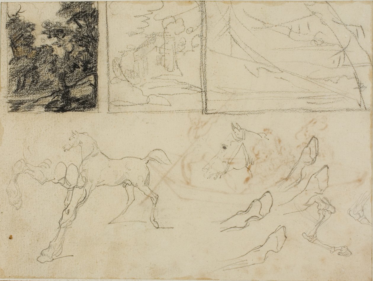 Blatt mit Skizzen: drei Landschaften, Pferde und Hufe von Jean Louis André Théodore Géricault