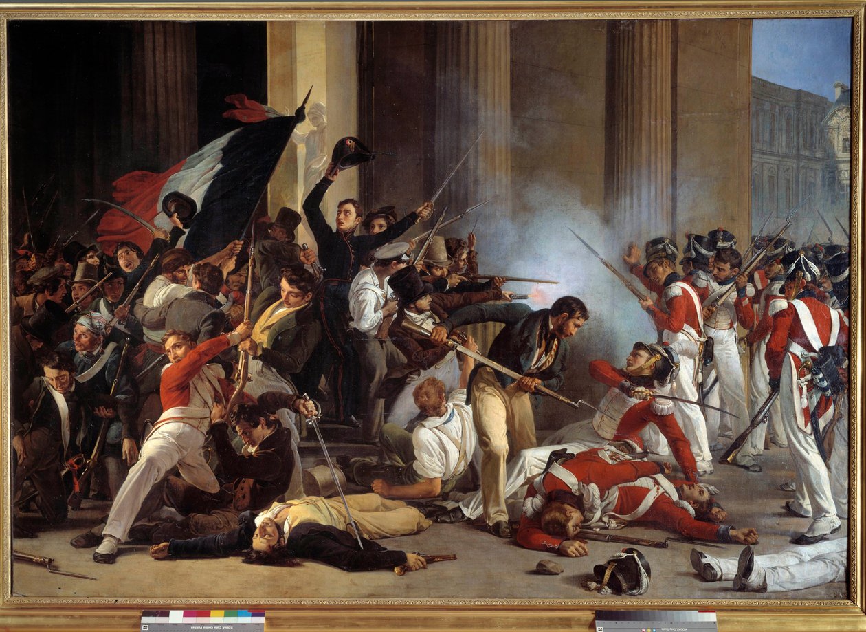 Revolution von 1830: „Während der Drei Glorreichen, Eroberung des Louvre am 29.07.1830 und Massaker an den Schweizer Wachen“ von Jean Louis Bezard